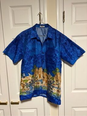 Apple Blue Thai Silk Shirt with rich vibrant scenes